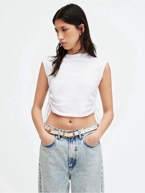 All Saints White Sonny Sleeveless Side Seam Drawcord Cropped Tank T-Shirt, US 8